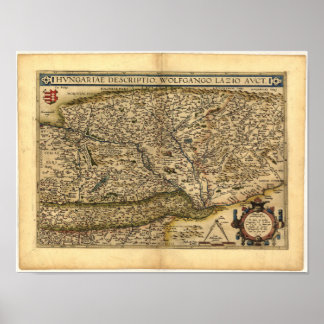 Poster Carte antique de Hongrie ORTELIUS ATLAS 1570 A.D.