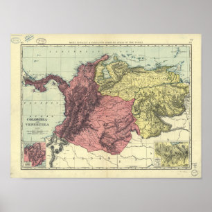 Poster Carte antique de la Colombie et du Venezuela 1898