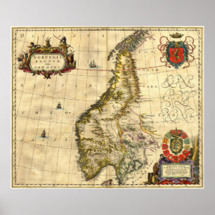 Poster Carte antique de la Norvège