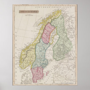 Poster Carte antique de la Suède