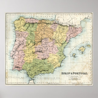 Poster Carte antique de l'Espagne et du Portugal