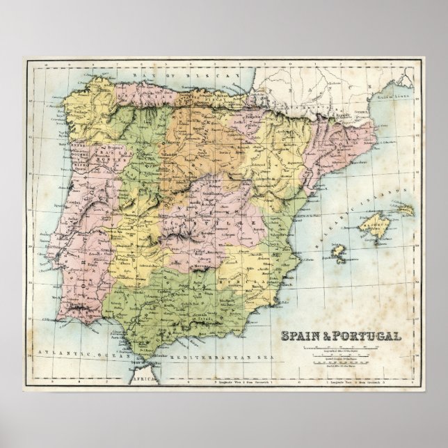 Poster Carte antique de l'Espagne et du Portugal (Devant)