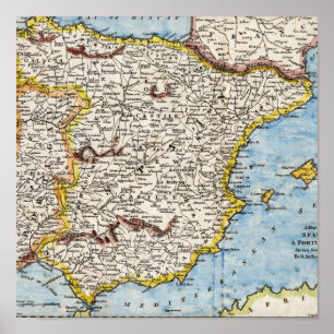 Poster Carte antique de l'Espagne et du Portugal circa