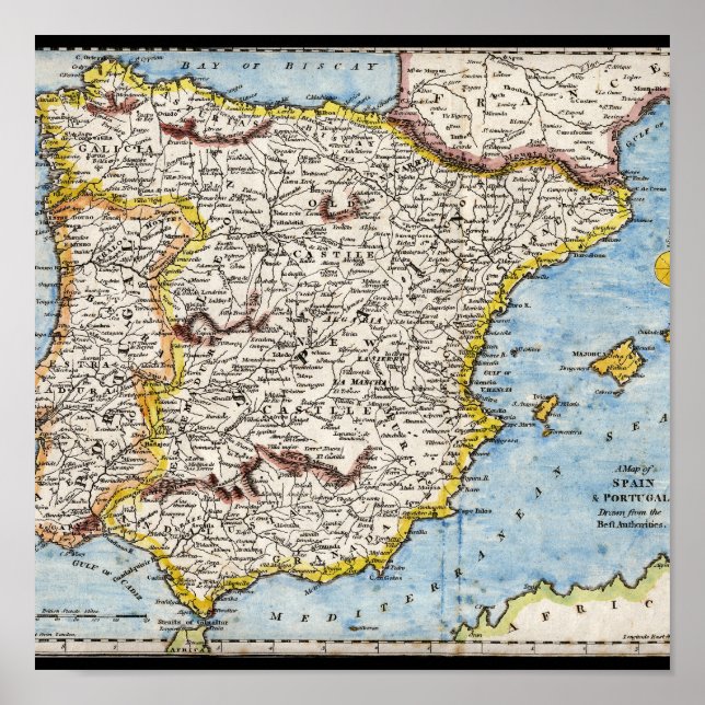 Poster Carte antique de l'Espagne et du Portugal vers les (Devant)