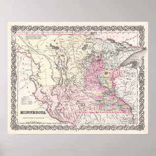 Poster Carte antique de l'état du Minnesota