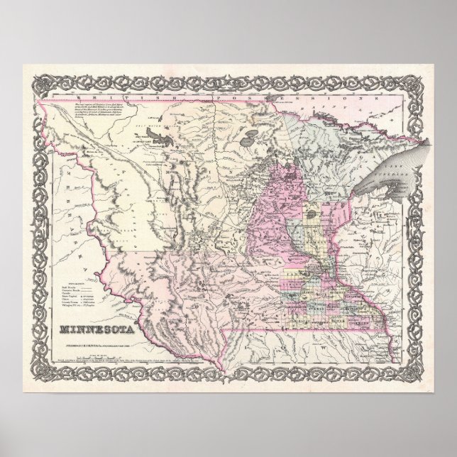 Poster Carte antique de l'état du Minnesota (Devant)