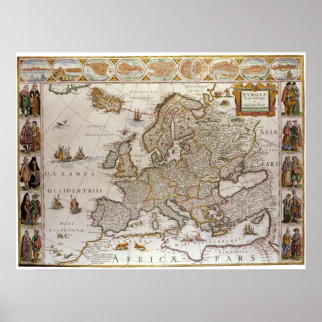 Poster Carte antique de l'Europe par Willem Jansz Blaeu,  (Devant)