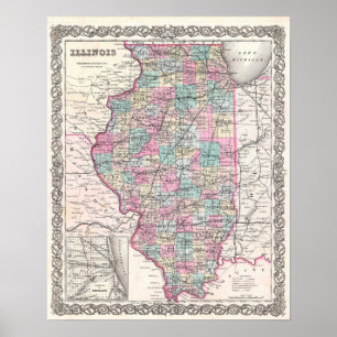 Poster Carte antique de l'Illinois Décor Vintage