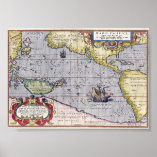 Poster Carte antique de l'océan Pacifique année 1589