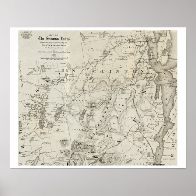 Poster Carte antique des lacs Saranac New York (Devant)