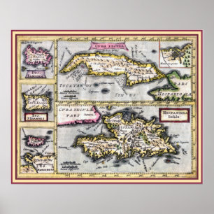 Poster Carte antique du Cuba, Haïti, Caraïbes