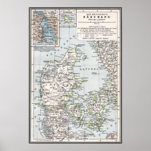 Poster Carte antique du Danemark, Danmark en danois, 1905