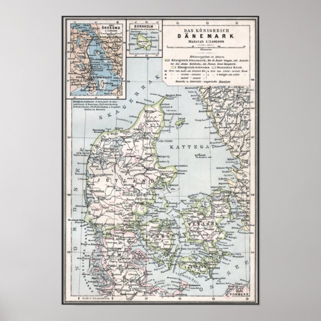 Poster Carte antique du Danemark, Danmark en danois, 1905 (Devant)