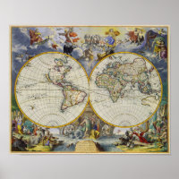 Carte antique du monde en deux hémisphères 1683