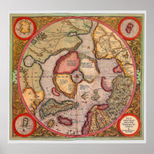 Poster Carte antique du pôle Nord Carte par Mercator