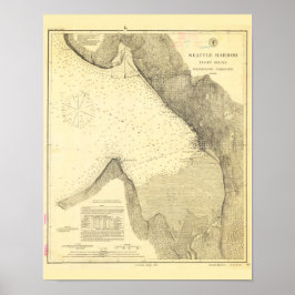 Poster Carte antique du port de Seattle et Puget Sound