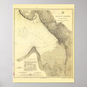 Poster Carte antique du port de Seattle et Puget Sound