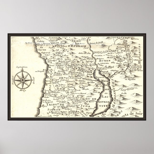 Poster Carte antique Tribus d'Israël, Jérusalem, Mer Mort (Devant)