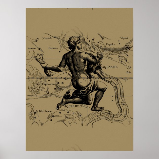 Poster Carte Aquarius Constellation par Hevelius (Devant)