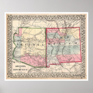 Poster Carte Arizona Nouveau-Mexique 1867