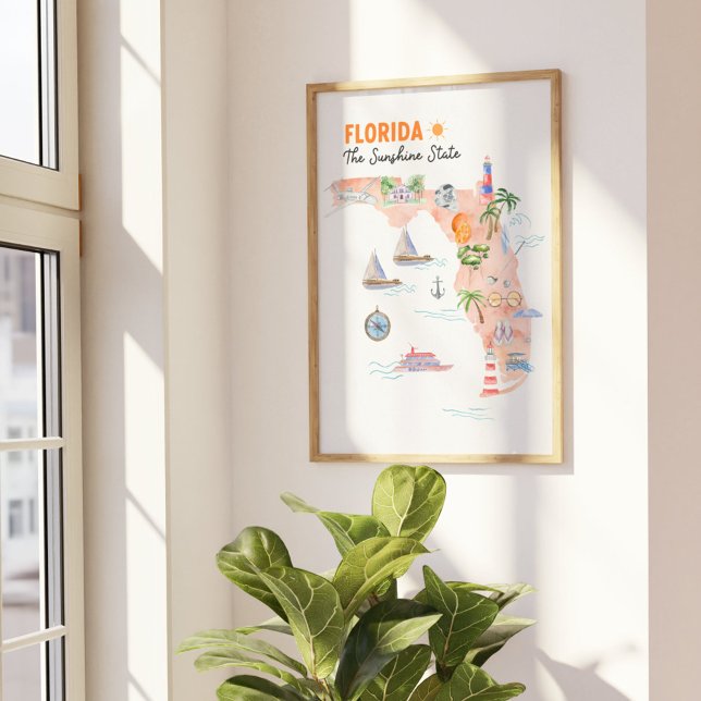 Poster Carte artistique de la Floride à l'aquarelle (In situ Beside the window)