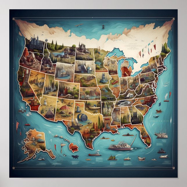 Poster Carte artistique des États-Unis (Devant)
