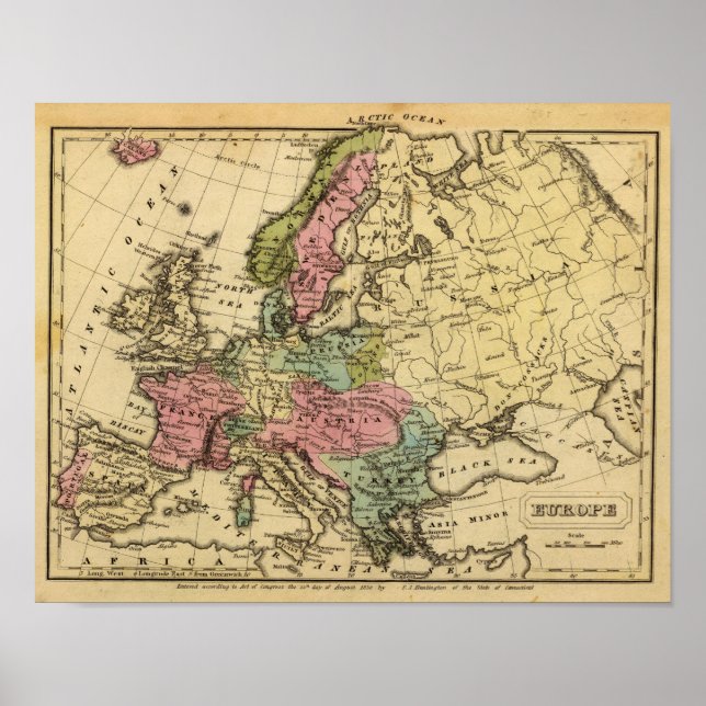 Poster Carte Atlas Europe couleur main 2 (Devant)