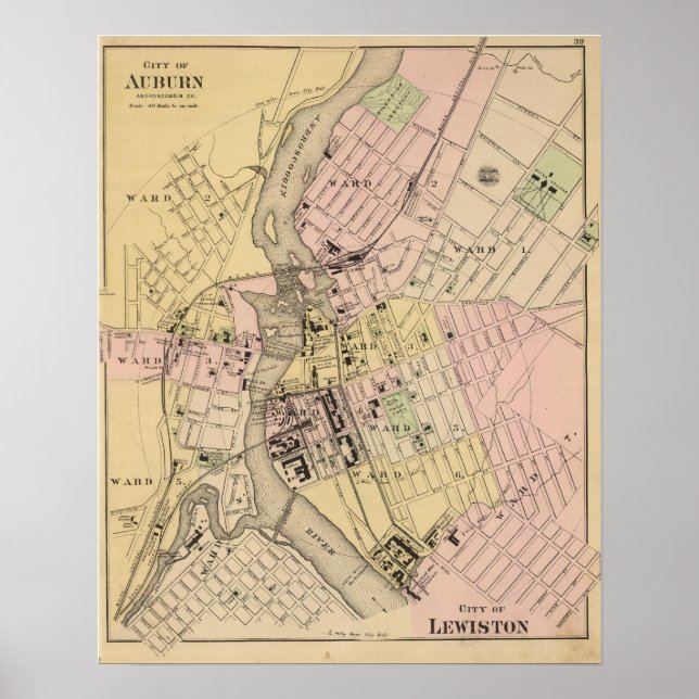 Poster Carte Auburn, Lewiston (Devant)