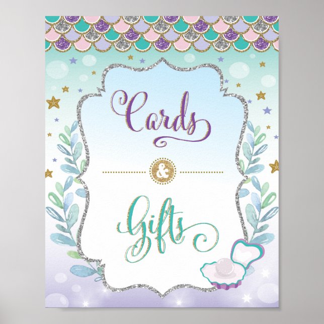Poster Carte & Cadeaux Sirène Fête d'anniversaire Enfant  (Devant)