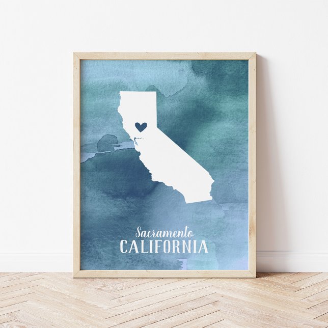 Poster Carte Californie Aquarelle bleue Art personnalisé (Créateur téléchargé)