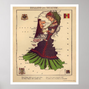 Poster Carte Caricature Hollande & Belgique 1868
