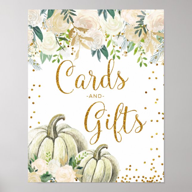 Poster Carte Citrouille or et blanc et signe cadeau (Devant)