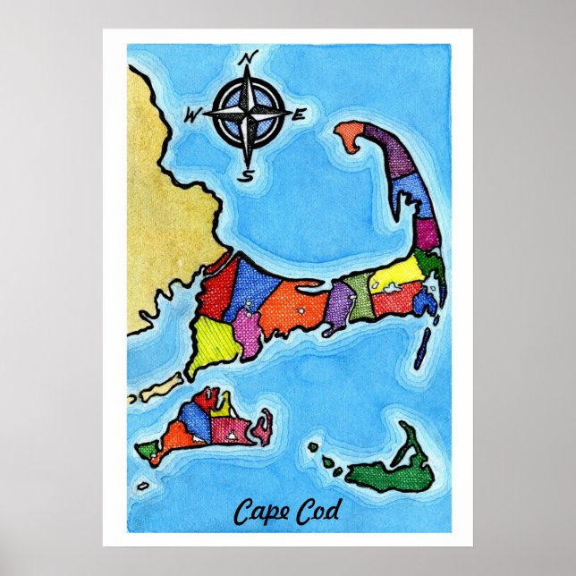 Poster Carte colorée de Cape Cod (Devant)