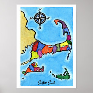 Poster Carte colorée de Cape Cod