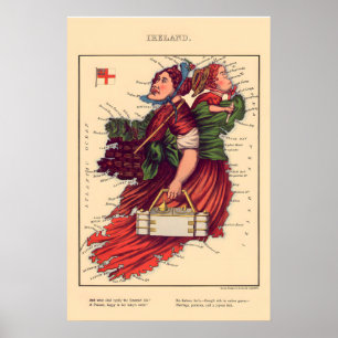 Poster Carte Comique d'Irlande Lithographie Vintage 860s