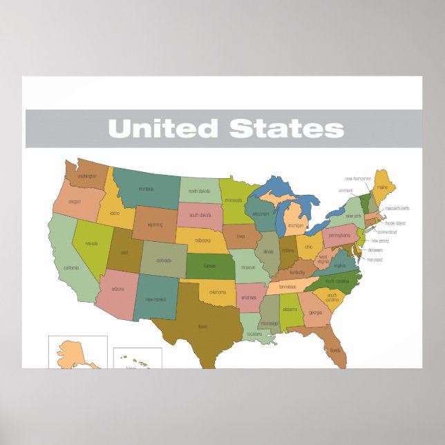 Poster Carte complète des couleurs des États-Unis (Devant)