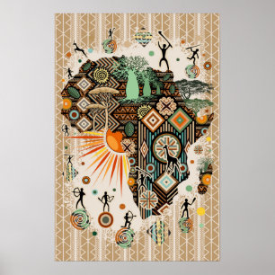 Poster Carte d'Afrique Éléments Tribaux Décoratifs Motif