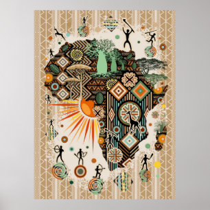 Poster Carte d'Afrique Motif Éléments Tribaux Décoratifs
