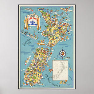 Poster Carte d'amusement de la Nouvelle Zélande