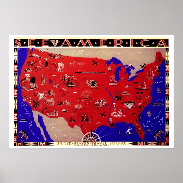 Poster Carte d'Antiquité vintage États-Unis d'Amérique, É (Devant)