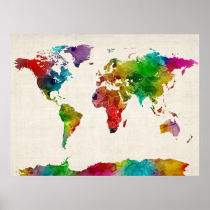 Poster Carte d'aquarelle de la carte du monde