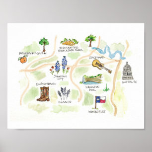 Poster Carte d'aquarelle du pays Austin Texas Hill