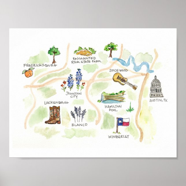 Poster Carte d'aquarelle du pays Austin Texas Hill (Devant)
