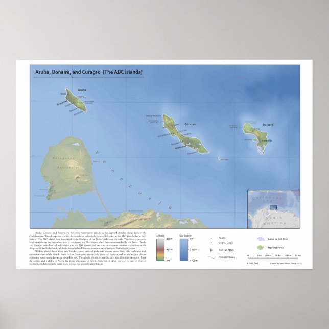 Poster Carte d'Aruba, Bonaire, et Curaçao 1:500,000 (Devant)