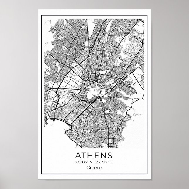 Poster Carte d'Athènes - Athènes Carte noire et blanche (Devant)