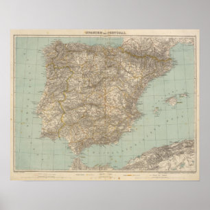 Poster Carte d'atlas de l'Espagne et du Portugal