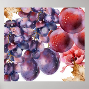 Poster Carte d'automne à l'aquarelle Raisins Vintage