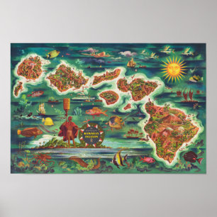 Poster Carte de 1950 Dole de Hawaii Joseph Feher Oil Pain