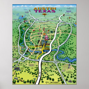 Poster Carte de bande dessinée d'Austin le Texas