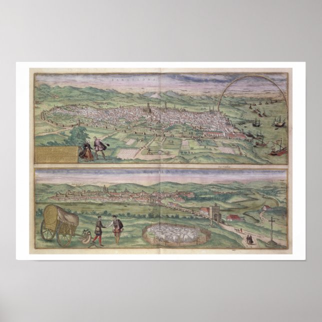 Poster Carte de Barcelone, de Civitates Orbis Terrarum (Devant)